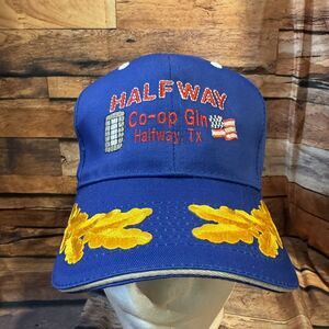 Halfway Co-Op Gin Hat Cap H & L Strapback Blue Halfway TX Cotton Bale USA Flag